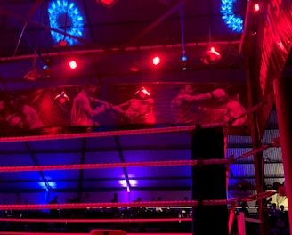 A brightly lit boxing or wrestling ring with vivid red and blue lights. Banners with images of fighters hang from the ceiling. The ropes of the ring are prominently visible, and a stool is placed inside the ring. The arena is filled with an audience, silhouetted against the colorful lighting.